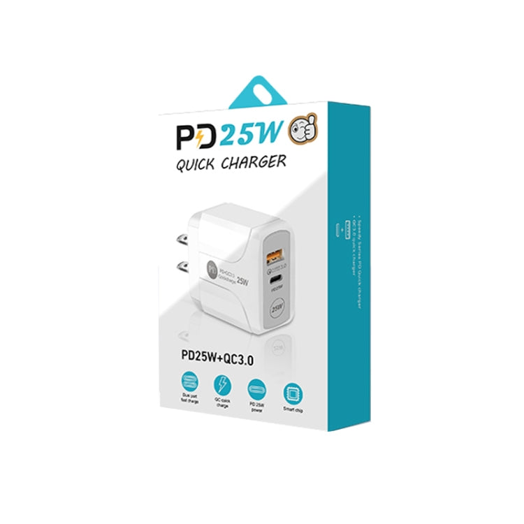 Carregador Rápido PD25W com Duas Portas USB-C / Tipo-C + USB QC3.0, Ficha EUA, Ficha EUA