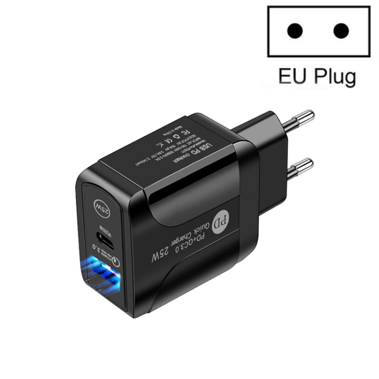 Carregador Rápido PD25W com Duas Portas USB-C / Tipo-C + USB QC3.0, Ficha UE, Ficha UE