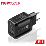 Carregador Rápido PD25W com Duas Portas USB-C / Tipo-C + USB QC3.0, Ficha UE, Ficha UE