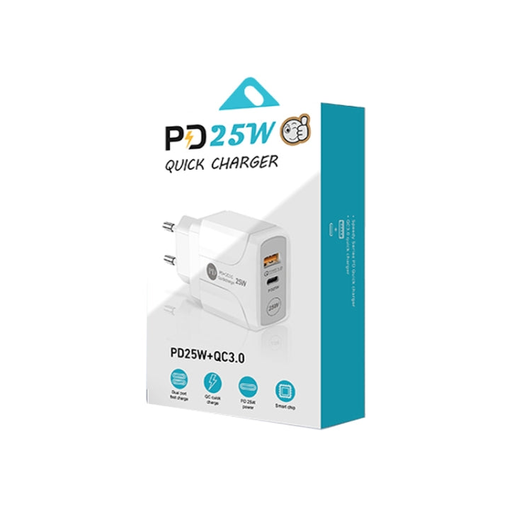 Carregador Rápido PD25W com Duas Portas USB-C / Tipo-C + USB QC3.0, Ficha UE, Ficha UE