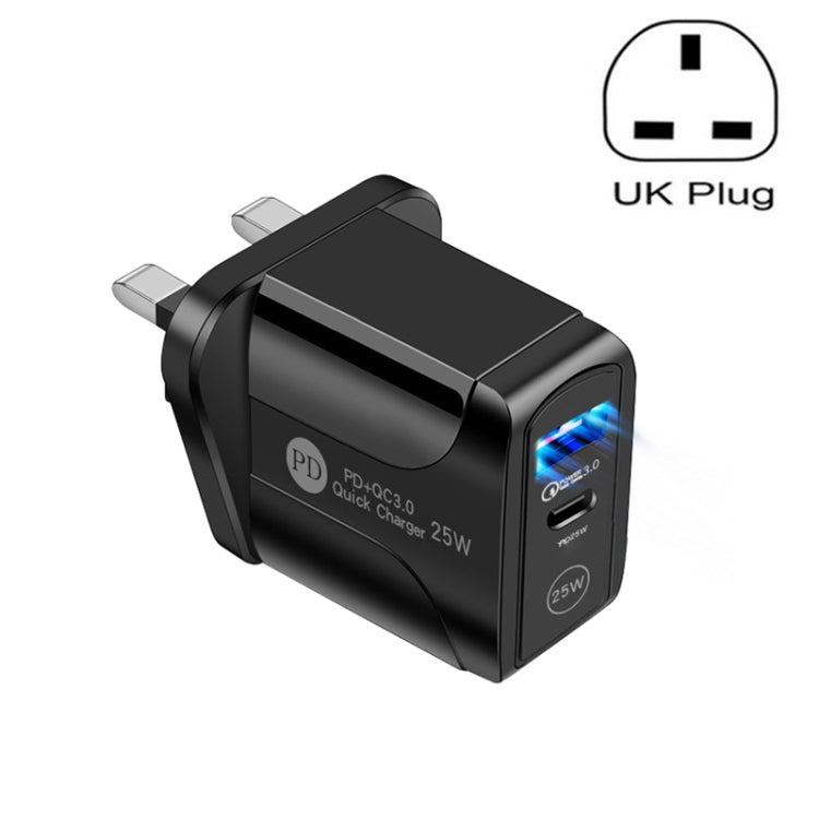 Carregador Rápido PD25W com Duas Portas USB-C / Tipo-C + USB QC3.0, Ficha Reino Unido, Ficha Reino Unido