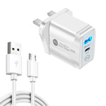 Carregador rápido de portas duplas PD25W USB-C / Type-C + QC3.0 USB com cabo de dados USB para Micro USB, ficha UK, ficha UK + cabo USB para Micro USB