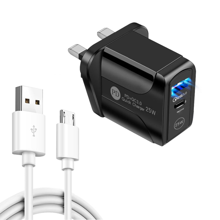 Carregador rápido de portas duplas PD25W USB-C / Type-C + QC3.0 USB com cabo de dados USB para Micro USB, ficha UK, ficha UK + cabo USB para Micro USB