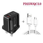 Carregador rápido de portas duplas PD25W USB-C / Type-C + QC3.0 USB com cabo de dados USB para Micro USB, ficha UK, ficha UK + cabo USB para Micro USB