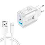 Carregador rápido de portas duplas PD25W USB-C / Type-C + QC3.0 USB com cabo de dados USB para Type-C, ficha EU, ficha EU + cabo USB para Type-C
