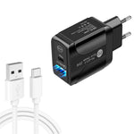 Carregador rápido de portas duplas PD25W USB-C / Type-C + QC3.0 USB com cabo de dados USB para Type-C, ficha EU, ficha EU + cabo USB para Type-C