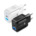 Carregador rápido de portas duplas PD25W USB-C / Type-C + QC3.0 USB com cabo de dados USB para Type-C, ficha EU, ficha EU + cabo USB para Type-C