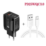 Carregador rápido de portas duplas PD25W USB-C / Type-C + QC3.0 USB com cabo de dados USB para Type-C, ficha EU, ficha EU + cabo USB para Type-C