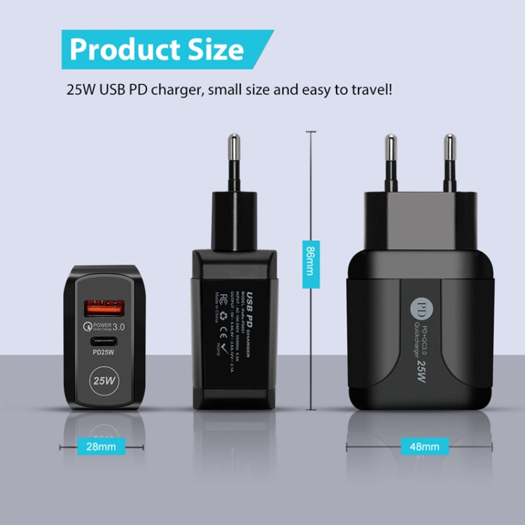 Carregador rápido de portas duplas PD25W USB-C / Type-C + QC3.0 USB com cabo de dados USB para Type-C, ficha EU, ficha EU + cabo USB para Type-C