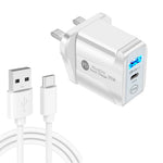 Carregador rápido de portas duplas PD25W USB-C / Type-C + QC3.0 USB com cabo de dados USB para Type-C, ficha UK, ficha UK + cabo USB para Type-C