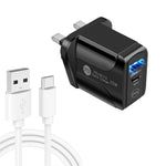 Carregador rápido de portas duplas PD25W USB-C / Type-C + QC3.0 USB com cabo de dados USB para Type-C, ficha UK, ficha UK + cabo USB para Type-C