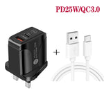 Carregador rápido de portas duplas PD25W USB-C / Type-C + QC3.0 USB com cabo de dados USB para Type-C, ficha UK, ficha UK + cabo USB para Type-C
