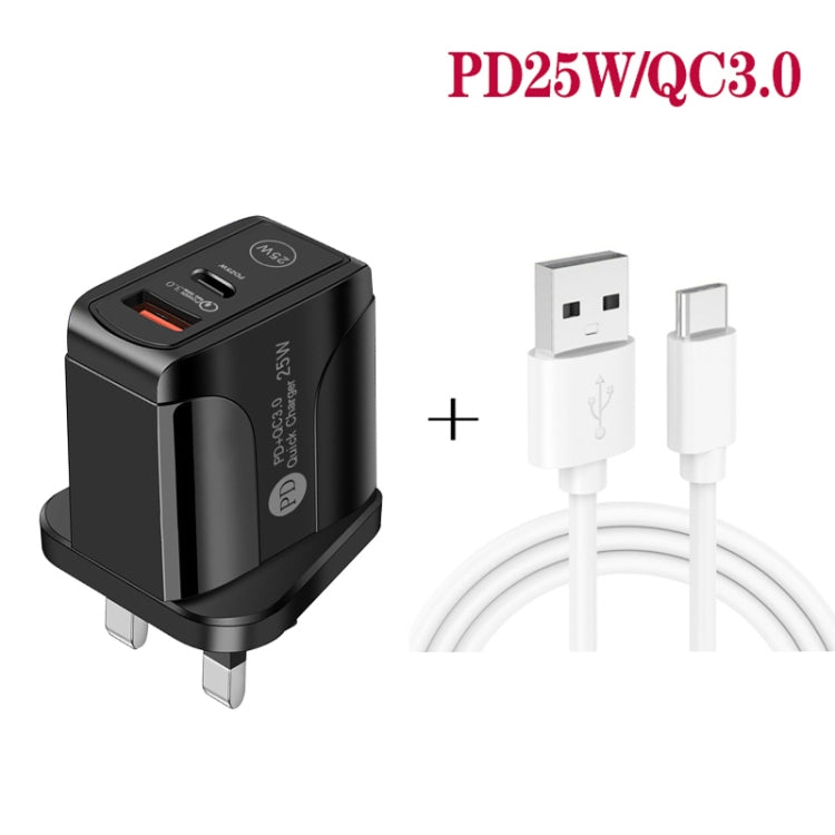 Carregador rápido de portas duplas PD25W USB-C / Type-C + QC3.0 USB com cabo de dados USB para Type-C, ficha UK, ficha UK + cabo USB para Type-C