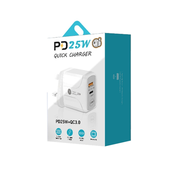 Carregador rápido de portas duplas PD25W USB-C / Type-C + QC3.0 USB com cabo de dados USB para Type-C, ficha UK, ficha UK + cabo USB para Type-C