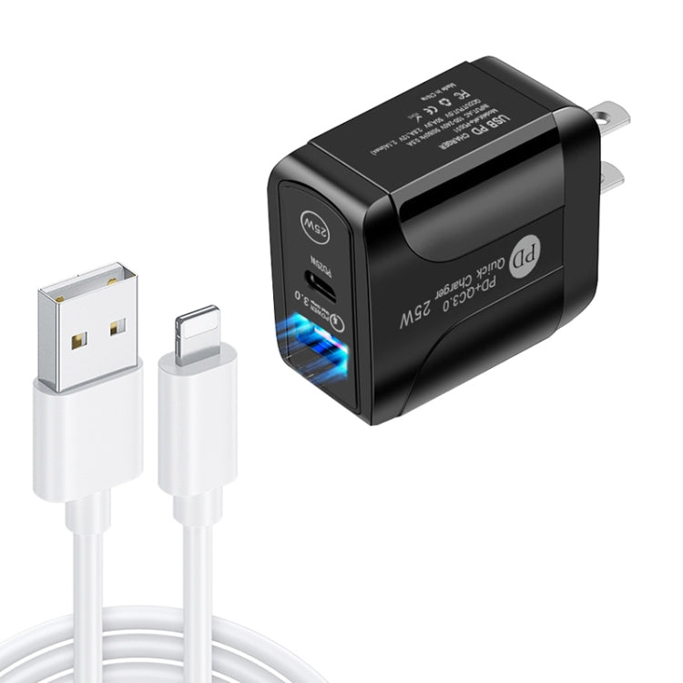 Carregador Rápido PD25W com Duas Portas USB-C / Tipo-C + USB QC3.0 com Cabo de Dados USB para 8 Pinos, Ficha EUA, Ficha EUA + Cabo USB para 8 Pinos