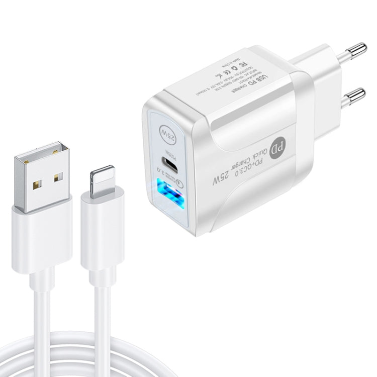 Carregador Rápido PD25W com Duas Portas USB-C / Tipo-C + USB QC3.0 com Cabo de Dados USB para 8 Pinos, Ficha UE, Ficha UE + Cabo USB para 8 Pinos