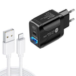 Carregador Rápido PD25W com Duas Portas USB-C / Tipo-C + USB QC3.0 com Cabo de Dados USB para 8 Pinos, Ficha UE, Ficha UE + Cabo USB para 8 Pinos