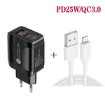 Carregador Rápido PD25W com Duas Portas USB-C / Tipo-C + USB QC3.0 com Cabo de Dados USB para 8 Pinos, Ficha UE, Ficha UE + Cabo USB para 8 Pinos