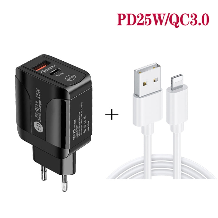 Carregador Rápido PD25W com Duas Portas USB-C / Tipo-C + USB QC3.0 com Cabo de Dados USB para 8 Pinos, Ficha UE, Ficha UE + Cabo USB para 8 Pinos