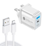Carregador Rápido PD25W com Duas Portas USB-C / Tipo-C + USB QC3.0 com Cabo de Dados USB para 8 Pinos, Ficha Reino Unido, Ficha Reino Unido + Cabo USB para 8 Pinos