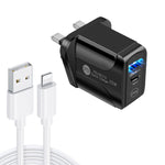 Carregador Rápido PD25W com Duas Portas USB-C / Tipo-C + USB QC3.0 com Cabo de Dados USB para 8 Pinos, Ficha Reino Unido, Ficha Reino Unido + Cabo USB para 8 Pinos