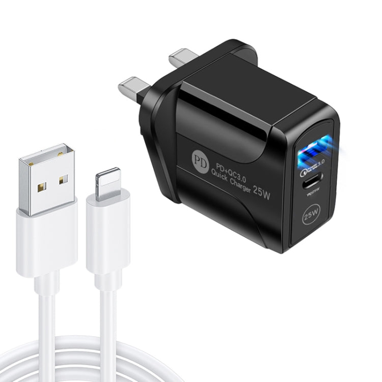 Carregador Rápido PD25W com Duas Portas USB-C / Tipo-C + USB QC3.0 com Cabo de Dados USB para 8 Pinos, Ficha Reino Unido, Ficha Reino Unido + Cabo USB para 8 Pinos