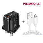 Carregador Rápido PD25W com Duas Portas USB-C / Tipo-C + USB QC3.0 com Cabo de Dados USB para 8 Pinos, Ficha Reino Unido, Ficha Reino Unido + Cabo USB para 8 Pinos