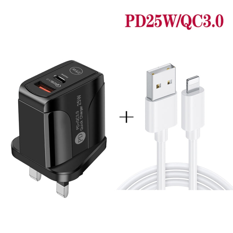 Carregador Rápido PD25W com Duas Portas USB-C / Tipo-C + USB QC3.0 com Cabo de Dados USB para 8 Pinos, Ficha Reino Unido, Ficha Reino Unido + Cabo USB para 8 Pinos