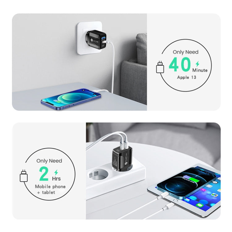 Carregador Rápido PD25W com Duas Portas USB-C / Tipo-C + USB QC3.0 com Cabo de Dados USB para 8 Pinos, Ficha Reino Unido, Ficha Reino Unido + Cabo USB para 8 Pinos