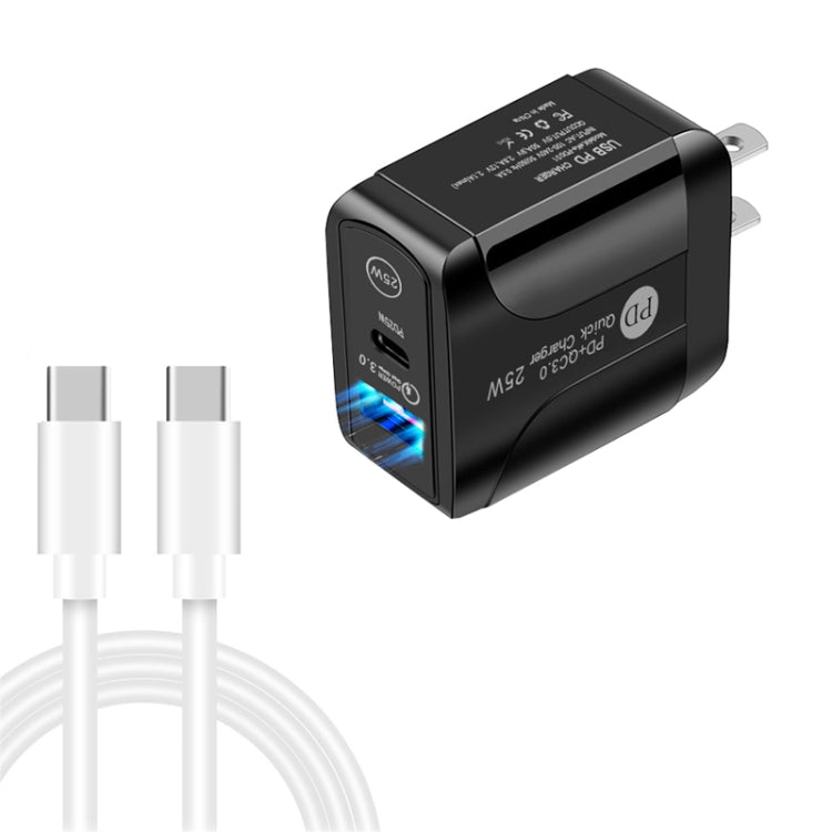 Carregador rápido de portas duplas PD25W USB-C / Type-C + QC3.0 USB com cabo de dados USB-C para USB-C, ficha US, ficha US + cabo USB-C para USB-C