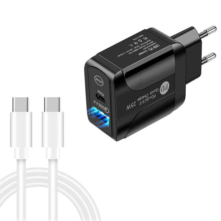 Carregador rápido de portas duplas PD25W USB-C / Type-C + QC3.0 USB com cabo de dados USB-C para USB-C, ficha EU, ficha EU + cabo USB-C para USB-C