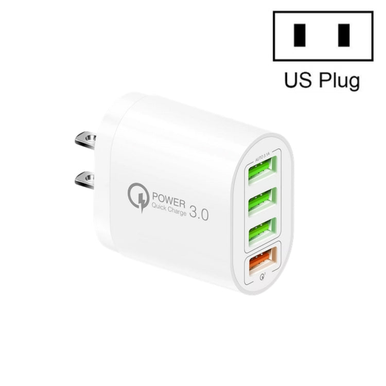 Carregador multiportas QC-04 QC3.0 + 3 x USB 2.0 para telemóvel e tablet, ficha US, ficha US