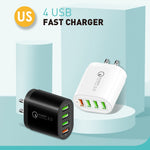 Carregador multiportas QC-04 QC3.0 + 3 x USB 2.0 para telemóvel e tablet, ficha US, ficha US