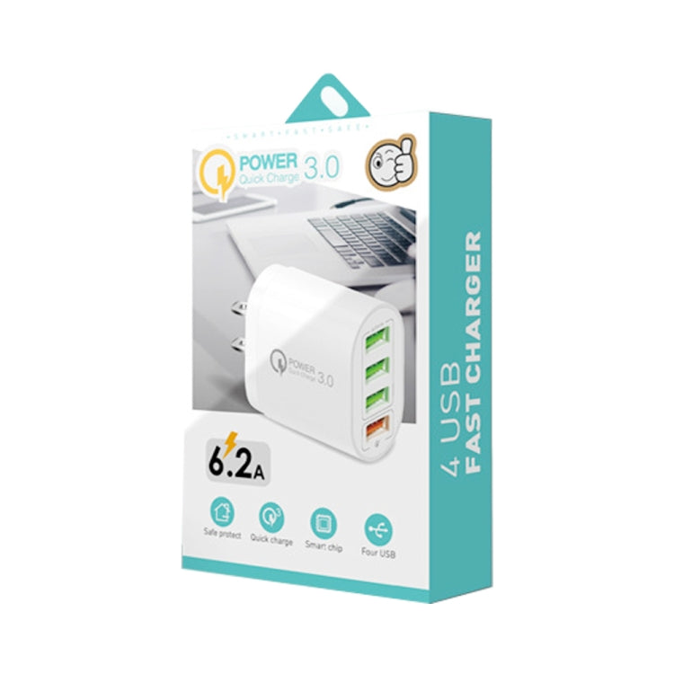 Carregador multiportas QC-04 QC3.0 + 3 x USB 2.0 para telemóvel e tablet, ficha US, ficha US