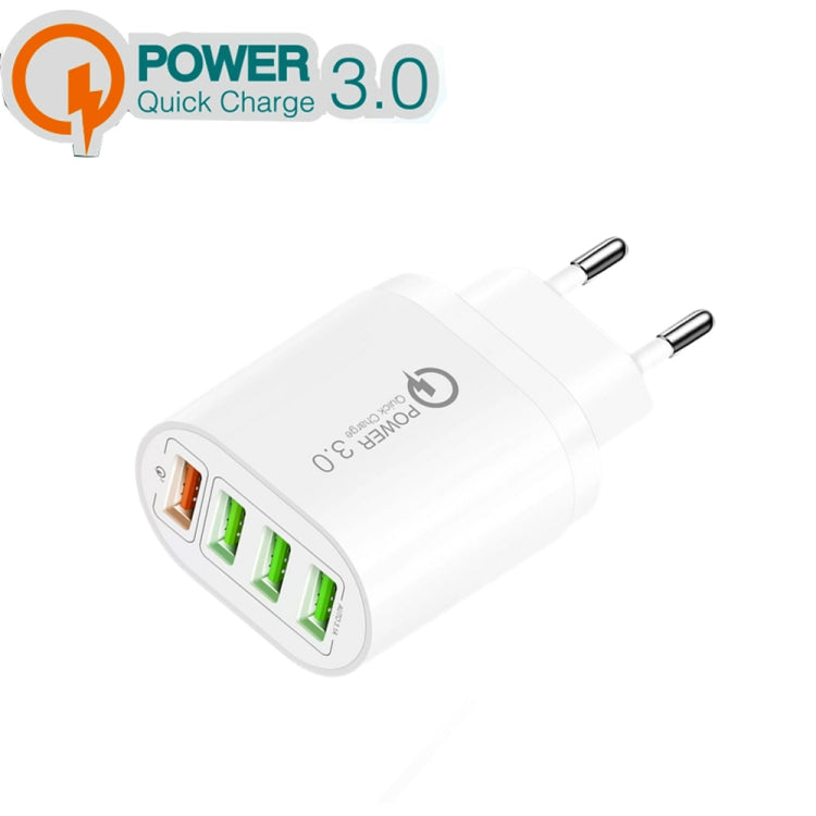 Carregador multiportas QC-04 QC3.0 + 3 x USB 2.0 para telemóvel e tablet, ficha EU, ficha EU