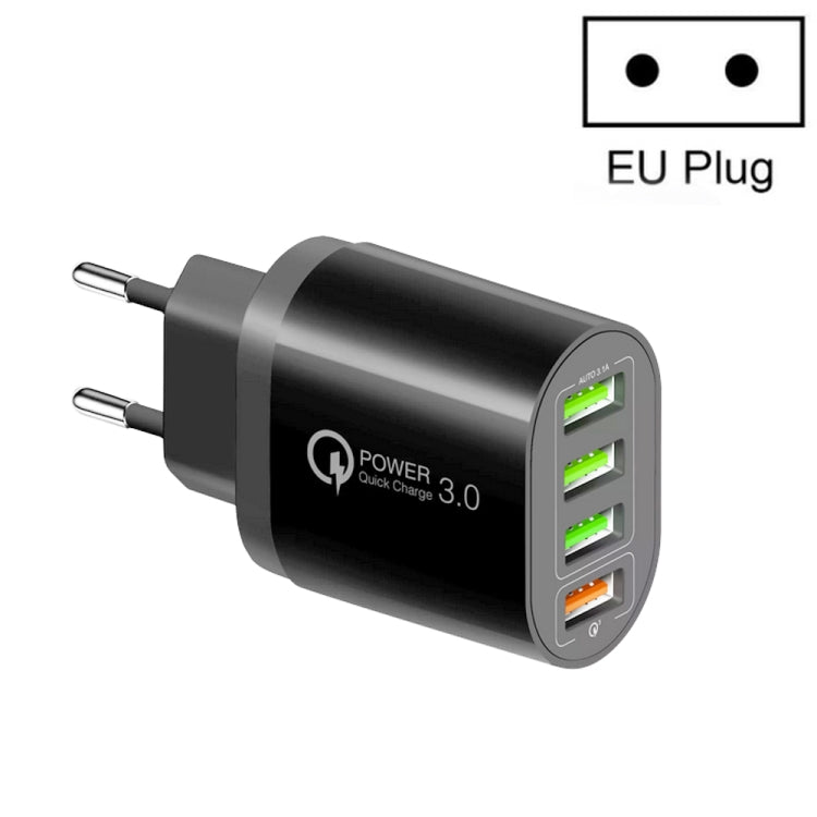 Carregador multiportas QC-04 QC3.0 + 3 x USB 2.0 para telemóvel e tablet, ficha EU, ficha EU