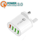 Carregador multiportas QC-04 QC3.0 + 3 x USB 2.0 para telemóvel e tablet, ficha UK, ficha UK