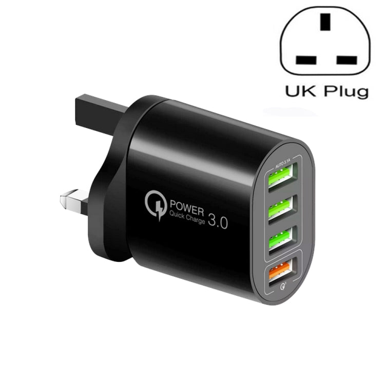 Carregador multiportas QC-04 QC3.0 + 3 x USB 2.0 para telemóvel e tablet, ficha UK, ficha UK