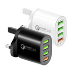 Carregador multiportas QC-04 QC3.0 + 3 x USB 2.0 para telemóvel e tablet, ficha UK, ficha UK