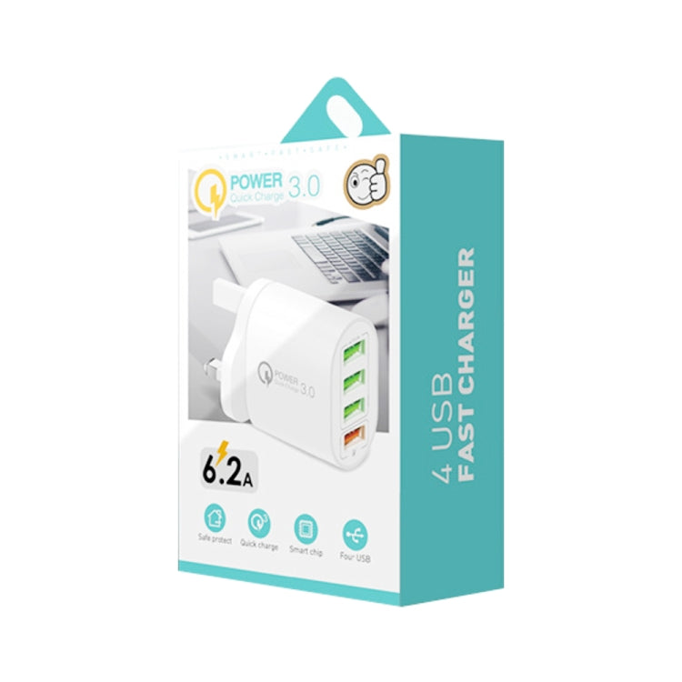 Carregador multiportas QC-04 QC3.0 + 3 x USB 2.0 para telemóvel e tablet, ficha UK, ficha UK
