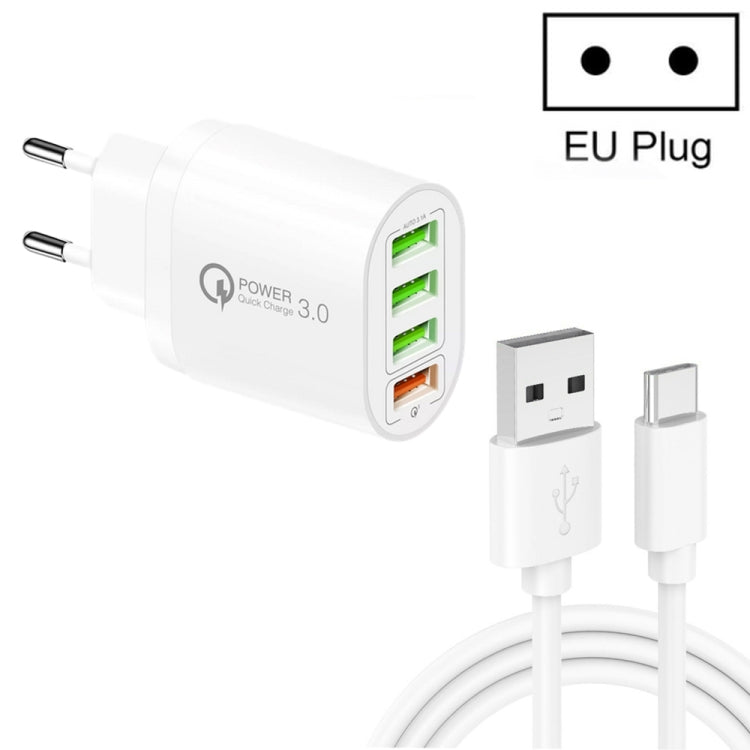 Carregador multiportas QC-04 QC3.0 + 3 x USB2.0 com cabo de dados USB 3A para Type-C, ficha EU, ficha EU + cabo Type-C