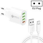 Carregador multiportas QC-04 QC3.0 + 3 x USB2.0 com cabo de dados USB 3A para Type-C, ficha EU, ficha EU + cabo Type-C
