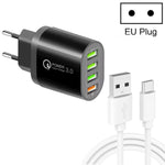 Carregador multiportas QC-04 QC3.0 + 3 x USB2.0 com cabo de dados USB 3A para Type-C, ficha EU, ficha EU + cabo Type-C