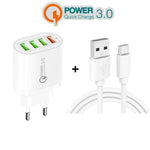 Carregador multiportas QC-04 QC3.0 + 3 x USB2.0 com cabo de dados USB 3A para Type-C, ficha EU, ficha EU + cabo Type-C