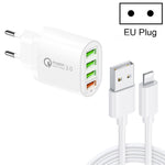 QC-04 Carregador Multiportas QC3.0 + 3 x USB2.0 com Cabo de Dados USB 3A para 8 Pinos, Ficha EU, Ficha EU + Cabo 8 Pinos