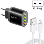 QC-04 Carregador Multiportas QC3.0 + 3 x USB2.0 com Cabo de Dados USB 3A para 8 Pinos, Ficha EU, Ficha EU + Cabo 8 Pinos