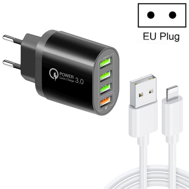 QC-04 Carregador Multiportas QC3.0 + 3 x USB2.0 com Cabo de Dados USB 3A para 8 Pinos, Ficha EU, Ficha EU + Cabo 8 Pinos