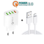 QC-04 Carregador Multiportas QC3.0 + 3 x USB2.0 com Cabo de Dados USB 3A para 8 Pinos, Ficha EU, Ficha EU + Cabo 8 Pinos