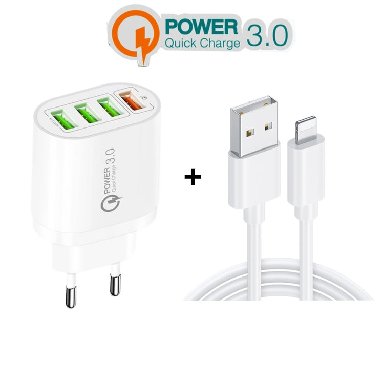 QC-04 Carregador Multiportas QC3.0 + 3 x USB2.0 com Cabo de Dados USB 3A para 8 Pinos, Ficha EU, Ficha EU + Cabo 8 Pinos