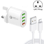 QC-04 Carregador Multiportas QC3.0 + 3 x USB2.0 com Cabo de Dados USB 3A para 8 Pinos, Ficha UK, Ficha UK + Cabo 8 Pinos